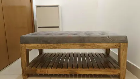 URGENT SELL - Wood Bench with Soft Grey Cushion - shoe storage