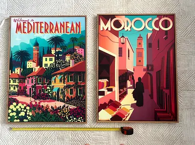 2 Illustrated Travel framed prints 53x73