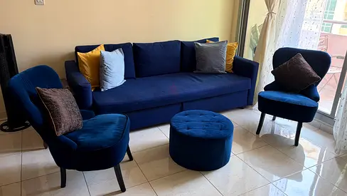 Blue 3 seater IKEA couch with 2 Blue Velvet Chairs and an Ottoman - NEGOTIABLE