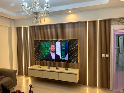 Modern Slatted Wood Accent Wall with Floating Media Console