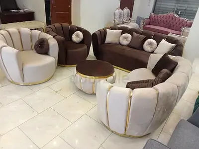 Elegant Scalloped Velvet Sofa Set with Gold Inlays