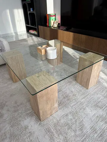 Stylish Glass Coffee Table with Travertine Marble Base
