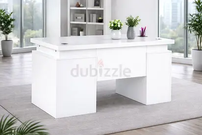 White Office Desk with Lockable Drawer  Cabinet – Wooden Office Table with Cable Management Whole