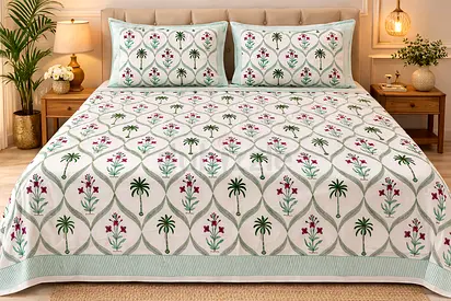 Jaipuri - Hand Block Printed Pure Cotton Bedsheet (108 x 108 in) | Tropical  Floral Design –