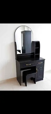 Stylish Black Vanity Table with Mirror and Stool