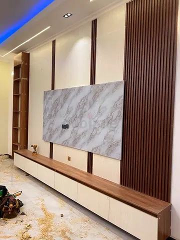 Modern Marble and Wood Slat Media Wall