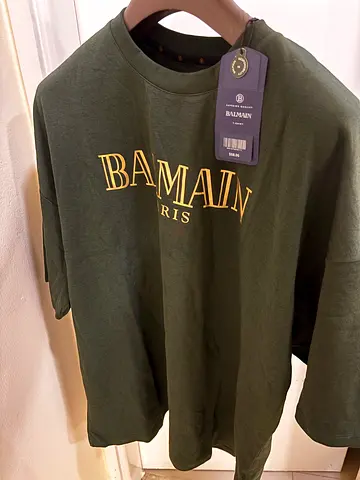 Balmain Paris Men’s Cotton T-Shirt size XL  – olive dark Green Logo Tee – New With Tag