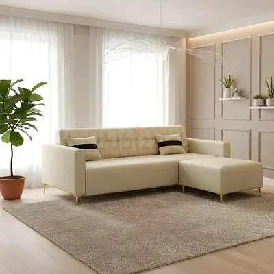 3 seater cream fabric L shaped sofa