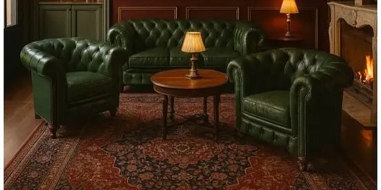 Luxurious Green Leather Chesterfield Sofa Set