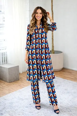 Zara Bloggers Favourite Geometric Print Long Shirt  Trousers Co-ord Set