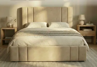 Beige velvet koshan Queen size bed including medical mattress Queen bed storage for sale Brand New
