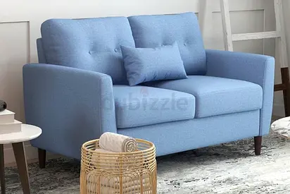 Light blue linen 2 seater cushion back sofa
