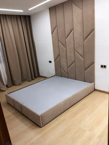 Custom Modern Platform Bed Design with Fabric Base and Wood Slat Headboard