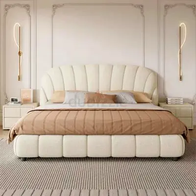 Stylish Cream Upholstered Bed with Plush Headboard