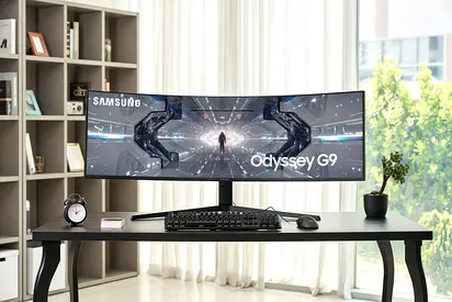 Samsung 49-inch Odyssey G9 gaming monitor featuring a 1000R curved QLED VA panel with Dual QHD resol