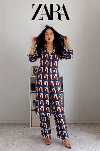 Zara Bloggers Favourite Geometric Print Long Shirt  Trousers Co-ord Set