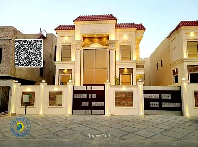 Registration fees included, 5BR villa with roof in Al Bahia area, Ajman, super deluxe finishing, freehold , bank financing