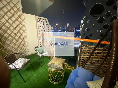 استوديو مفروش | شرفة | إطلالة على القناة وبرج خليفة