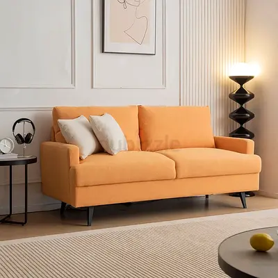 Orange linen flared arm loveseat