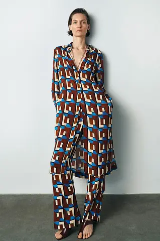 Zara Bloggers Favourite Geometric Print Long Shirt  Trousers Co-ord Set
