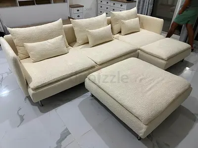 Luxury L-Shape Sofa (Cream) Premium quality fabric with deep seating comfort. Comes with adjustable
