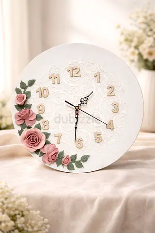 Hand made wall clock with Russian clay flowers