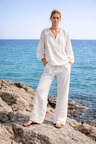 Zara Cutwork Embroidery Shirt  Pants Co-ord Set in Ivory White