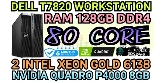 80 CORE DELL T7820 WORKSTATION 2 INTEL XEON GOLD 6138 NVIDIA QUADRO P4000 8GB DDR5 RAM 128GB DDR4