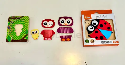 2x Wooden Puzzle (Tchino Owl Puzzle, Viga Shape Puzzle)