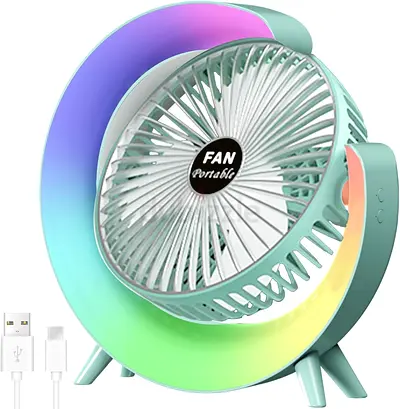 USB Desk Fan, 3 Speeds Portable Fan with 7 Colors Gradual Changing, 20db Low Noise and 180° Rotation
