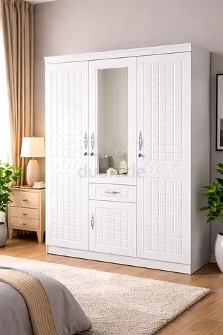 3 Door Wooden Wardrobe with Mirror  Drawer – Modern Storage Cabinet White Finish