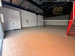 Spacious warehouse for annual rent in Al Jurf Industrial 1, Ajman. 3,400 sq ft with mezzanine, 2 bat