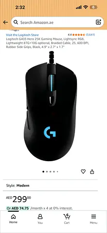 Logitech G403 Hero 25K Gaming Mouse, Lightsync RGB, Lightweight 87G+10G optional, Braided Cable, 25,