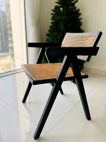 Set of 2 natural rattan black frame chairs