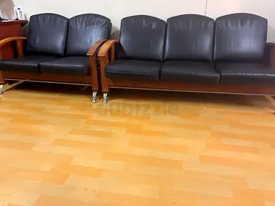 Stylish Black Leather Sofa with Wooden Armrests 3+2 set