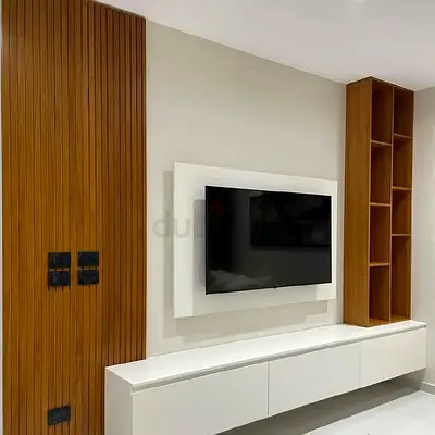 Contemporary Media Wall with Wood Accents