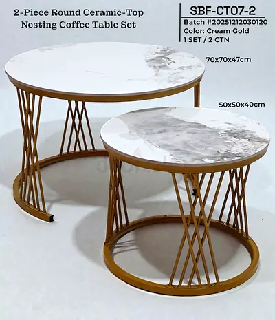 Elegant 2-Piece Round Ceramic-Top Nesting Coffee Table Set