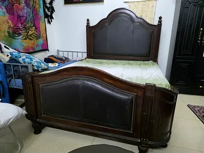 Elegant Wooden Bed with Leather Accents and medical mattresses 20cm height. Queen size