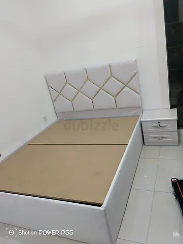Modern Bed Frame with Mattress and Nightstand