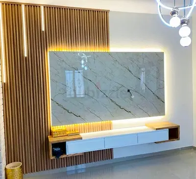Modern Minimalist Marble  Wood Slatted TV Unit