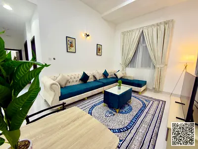 For monthly rent: Two luxurious bedrooms and a living room, furnished with high-end and well-maintained furniture, in Ajman, Al Nuaimiya 2.