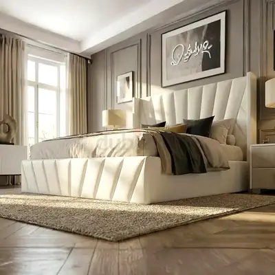 Light beige velvet fabric winged queen storage bed