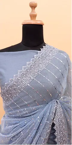 Elegant Blue Saree with Intricate Lace Design