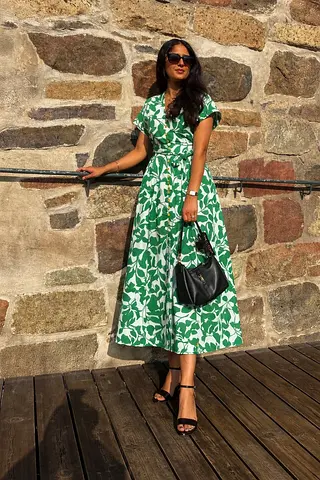 Zara Printed Midi Dress in Green  Cream With Matching Belt