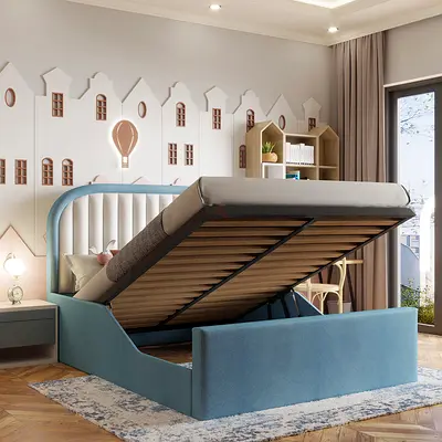 Stylish Blue Upholstered Bed with Storage