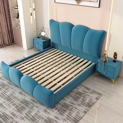 Stylish Blue Upholstered Bed with Storage