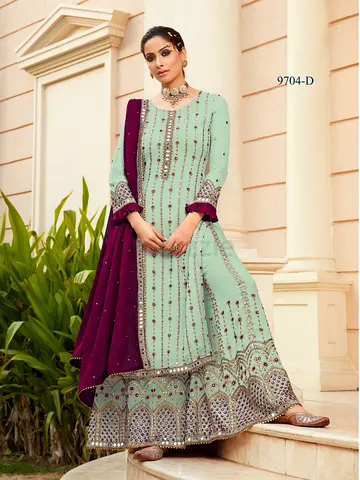 Festival Discount =Beautiful Mint Green Ethnic Wear with Purple Dupatta