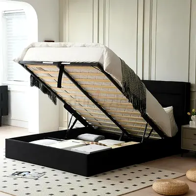 Black velvet horizontal line headboard king storage bed