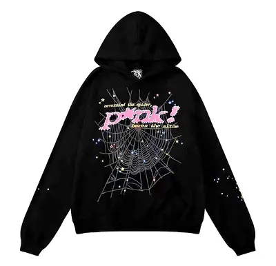 Trendy Black Graphic Hoodie with Spiderweb Design sp5der