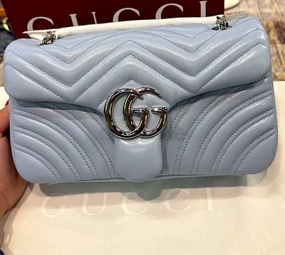 Gucci Marmont Shoulder Bag Medium Charme Lamb Trap Angol Chevron Light Blue